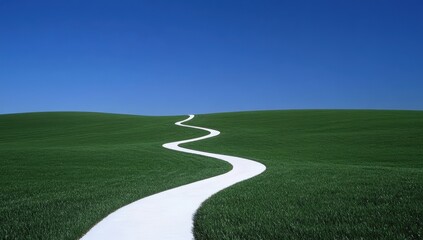 A winding white path stretches through lush green fields under a clear blue sky, creating a serene landscape inviting exploration.