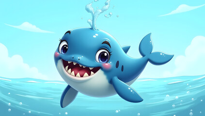 Obraz premium Adorable cartoon whale smiling in the water. Generative AI 
