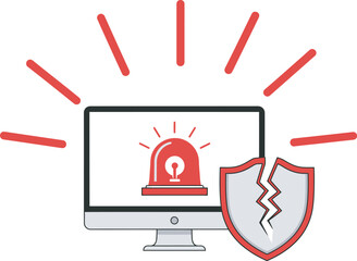 Computer screen displaying a security alert; broken shield symbolizes compromised system.