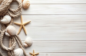 A serene arrangement of seashells and starfish alongside rustic ropes on a wooden surface, evoking a coastal theme.