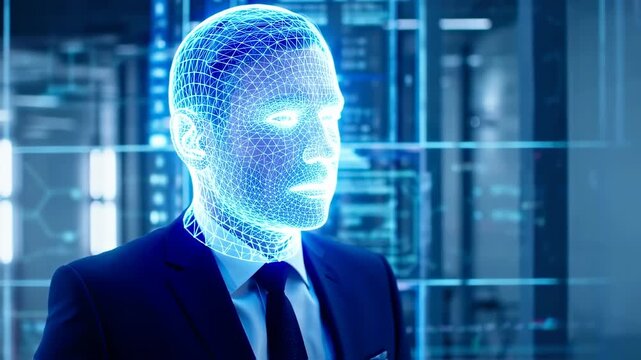 Futuristic Businessman: Digital Avatar in Data Center, AI Concept - Powered by Adobe