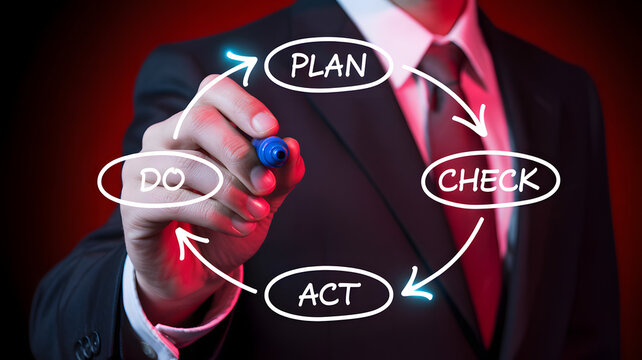 Professional businessman draws PDCA cycle, guiding business improvement and strategy.
