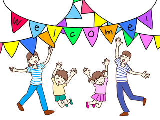 笑顔でジャンプする家族