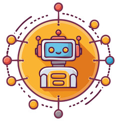 Stylized Robot Connected to a Network Around an Orange Circle with Dashed Lines