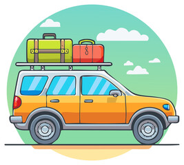 Cartoon car with luggage on roof rack, journey concept