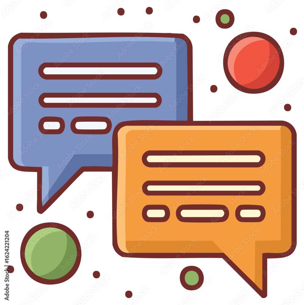 Poster two colorful speech bubbles with text fragments and decorative circles represent communication
