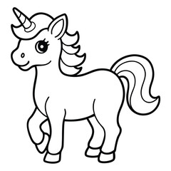 Cute Cartoon Unicorn Illustration with Mane, Tail, and Horn, Black and White