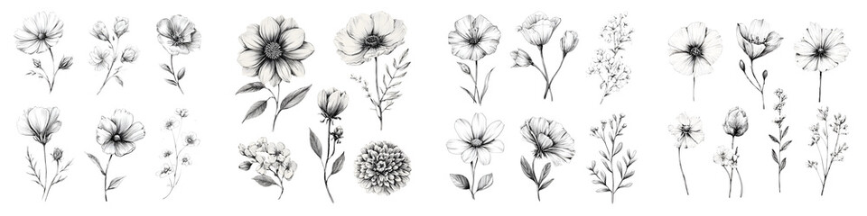 Obraz premium Set of Hand Drawn Floral Elements, Black and White