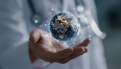 Doctor holds a digital Earth, network connections