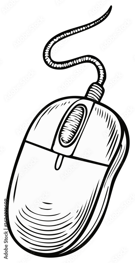 Aufkleber hand drawn computer mouse illustration with cable for web design and technology concepts