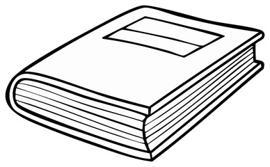 Simple black and white line drawing of a closed hardcover book with a label on the cover