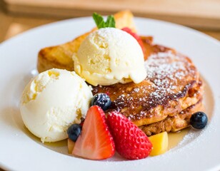 Perfect flat lay of an American breakfast, best food colors, all details visible, cinematic masterpiece, full HD.