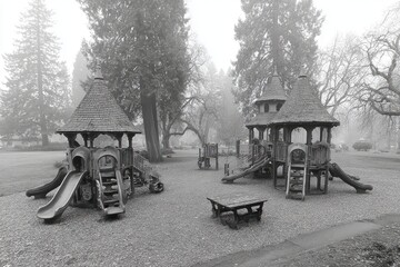 Foggy park playground in monochrome