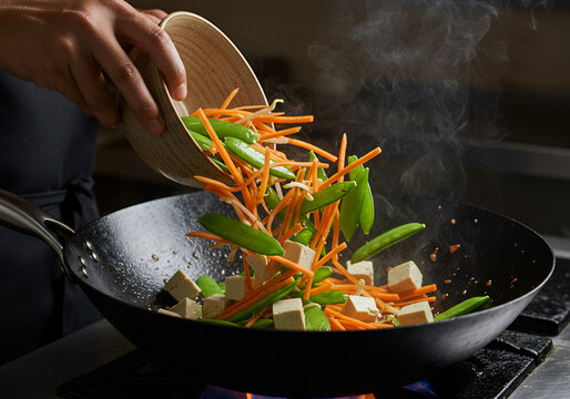 Chef adding vegetables to a wok of tofu
