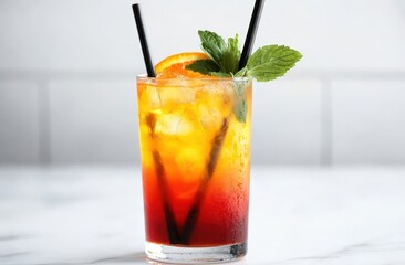 A refreshing layered cocktail with ice, garnished with mint and an orange slice, set against a light background.