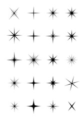 A collection of twenty-four starburst shapes, varying in size and number of points, arranged in a grid pattern against a white background.