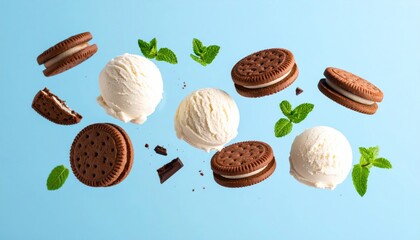 Ice cream and cookies in mid-air