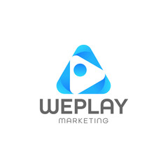 Modern blue logo with abstract play button for social media marketing, digital promotion, and video-based services. Ideal for startup, tech, or online branding use.