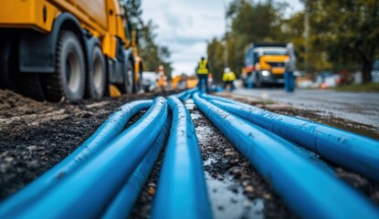 Construction site featuring blue pipes on the ground, with workers and machinery visible in the background, highlighting urban infrastructure development.