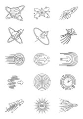 A collection of black and white line art icons featuring space, astronomy, and motion themes like planets, rockets, and speed.