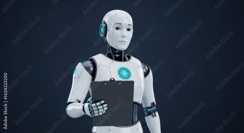 Aufkleber a robot holding a clipboard, showcasing artificial intelligence and automation in a futuristic techn