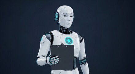 A robot holding a clipboard, showcasing artificial intelligence and automation in a futuristic technology concept with a modern design and digital illustration
