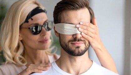 Woman gently places a cloth over a man's eyes, a curious and slightly mysterious scene