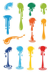 A vibrant collection of colorful cartoon liquid drips, splashes, and flowing slime or paint.