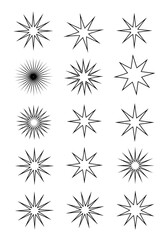A collection of stylized starburst and sunburst graphic elements, presented in a grid format on a white background.