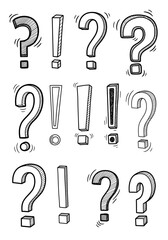 Hand-drawn question marks and exclamation points arranged in rows on a white background, creating a pattern of inquiry and emphasis.