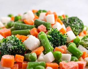 Freshly frozen mixed vegetables with broccoli, bell pepper, carrots, and peas piled together on a clean surface