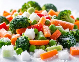 Colorful mix of frozen broccoli, bell pepper, carrots, and peas piled on a bright surface
