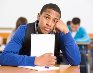 Confused teenager in class showing signs of fatigue and distress during a lesson on a school day