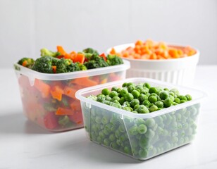 Fresh frozen vegetables including broccoli, peppers, carrots, and peas arranged in containers on a kitchen table