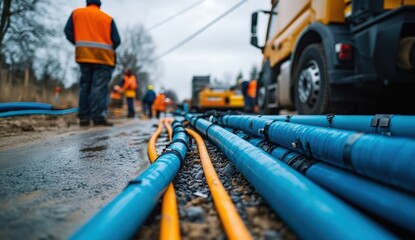 Construction workers manage colorful pipes on a muddy site, illustrating infrastructure development in a dynamic urban environment.