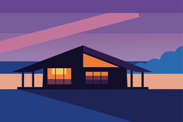 Fototapeta premium minimalist ocean front bungalow at twilight (1).eps