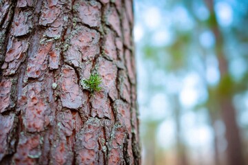 Obraz premium Close-up of a small sprout emerging from a rough pine tree trunk
