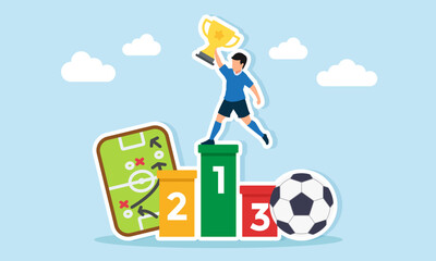 football player lifting a trophy on a champion podium near a strategy board and a giant ball illustration of winning a football league or competition