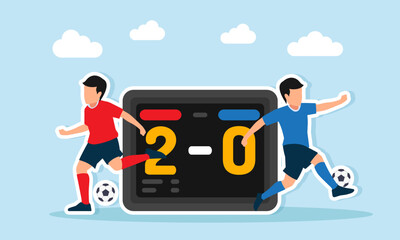 two football players from different teams playing near a scoreboard illustration of football match or competition