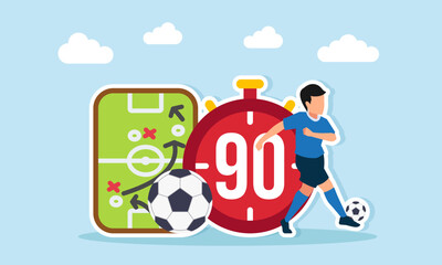 football player playing near a giant ball strategy board and stopwatch illustration of tactics in football gameplay