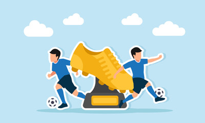 two football players playing near a golden boot trophy illustration of competition for the top goal scorer title