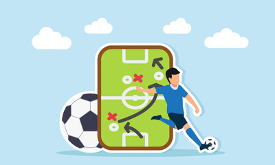 football player playing near a strategy board and a giant ball illustration of tactics in football gameplay