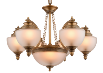 Ornate five-light chandelier with frosted glass shades.  A golden-bronze finish fixture with ornate details hangs by chains