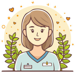 Cute cartoon illustration of a smiling female nurse or healthcare worker in scrubs surrounded by leaves and hearts