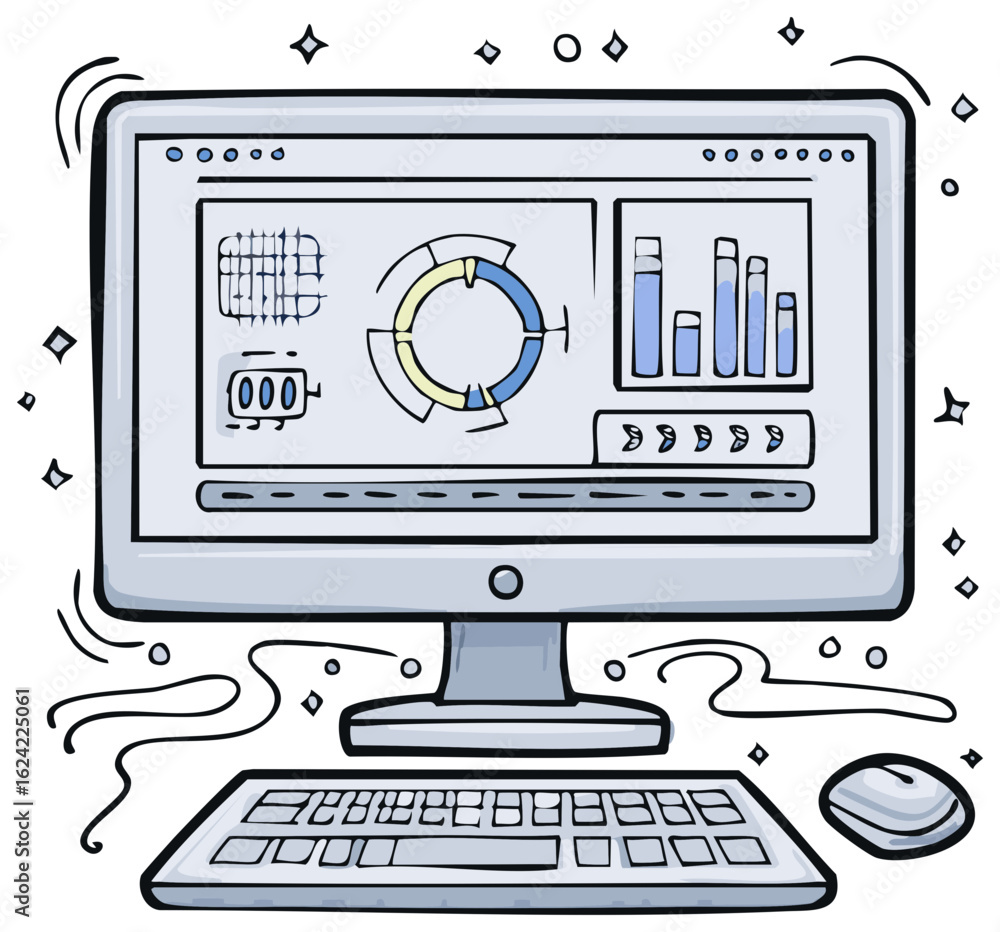 Poster hand drawn cartoon desktop computer with data analytics dashboard on screen. business charts and gra