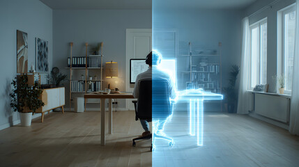 현실과 디지털의 경계, 현대적인 홈 오피스 장면