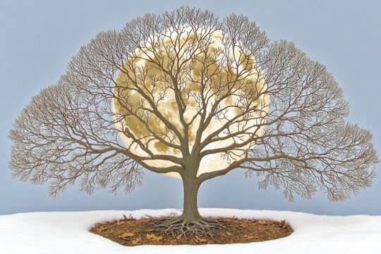 Bare tree, full moon, winter scene