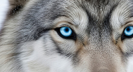 A captivating close-up of a wolf's intense blue eyes, framed by its textured grey and white fur, hinting at a cold environment.