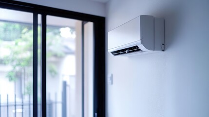 A modern air conditioning unit mounted on a wall next to a large window, providing a sleek, functional design for indoor comfort.
