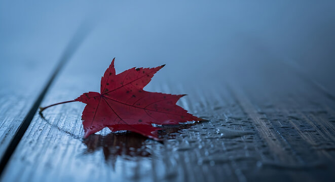 A single vibrant red maple leaf rests on a wet wooden surface, reflecting the cool, muted tones of a foggy day. - Powered by Adobe
